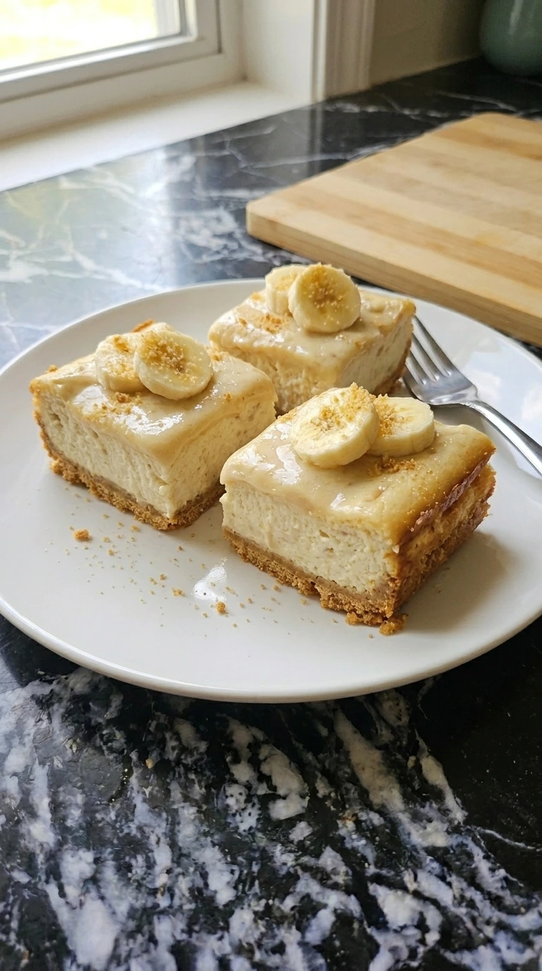 Plate of homemade Banana Cheesecake Bars garnished with banana slice Recipe focus: accents.