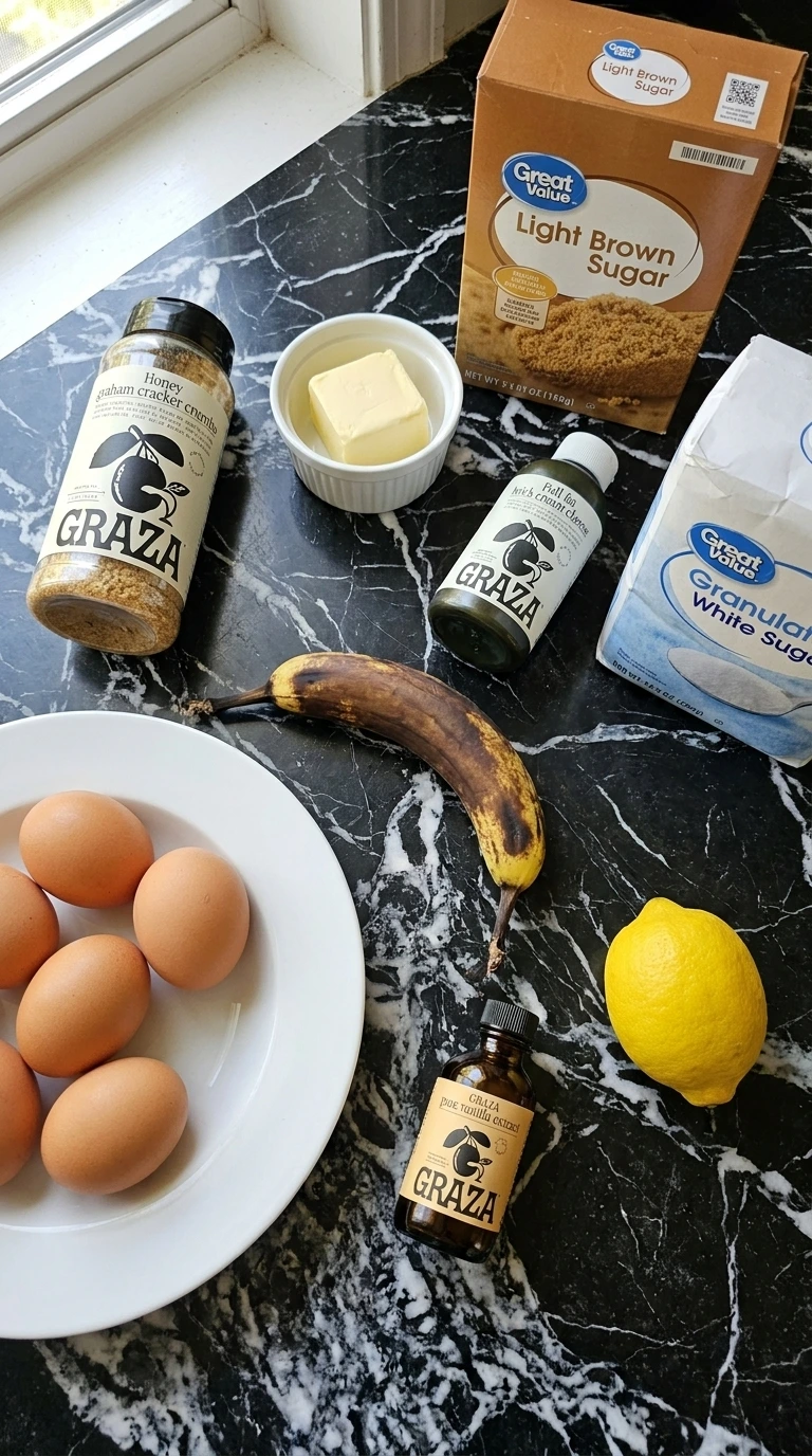 Ingredients for Banana Cheesecake Bars on counter including bananas and cream cheese Recipe focus: symboles.