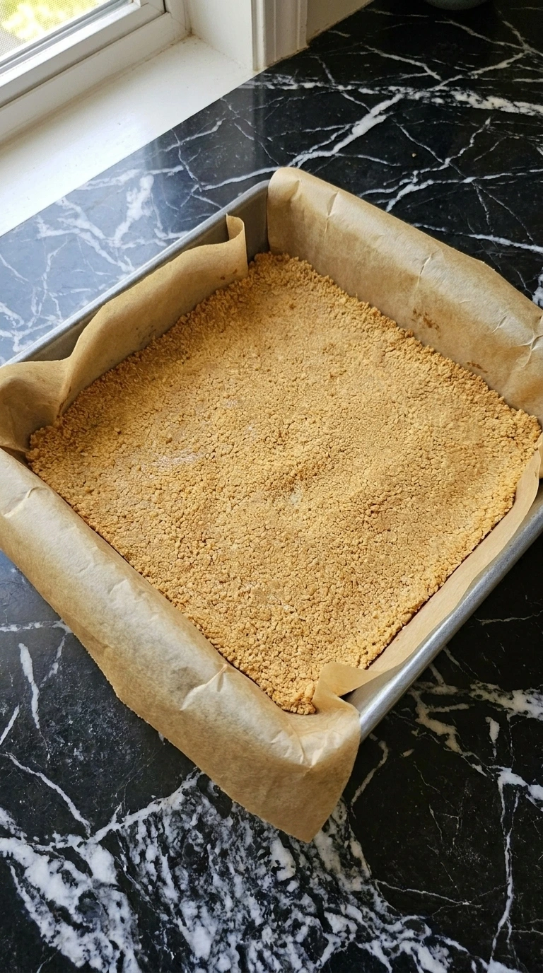 Pressing graham crust for Banana Cheesecake Bars in square pan Recipe focus: symboles.
