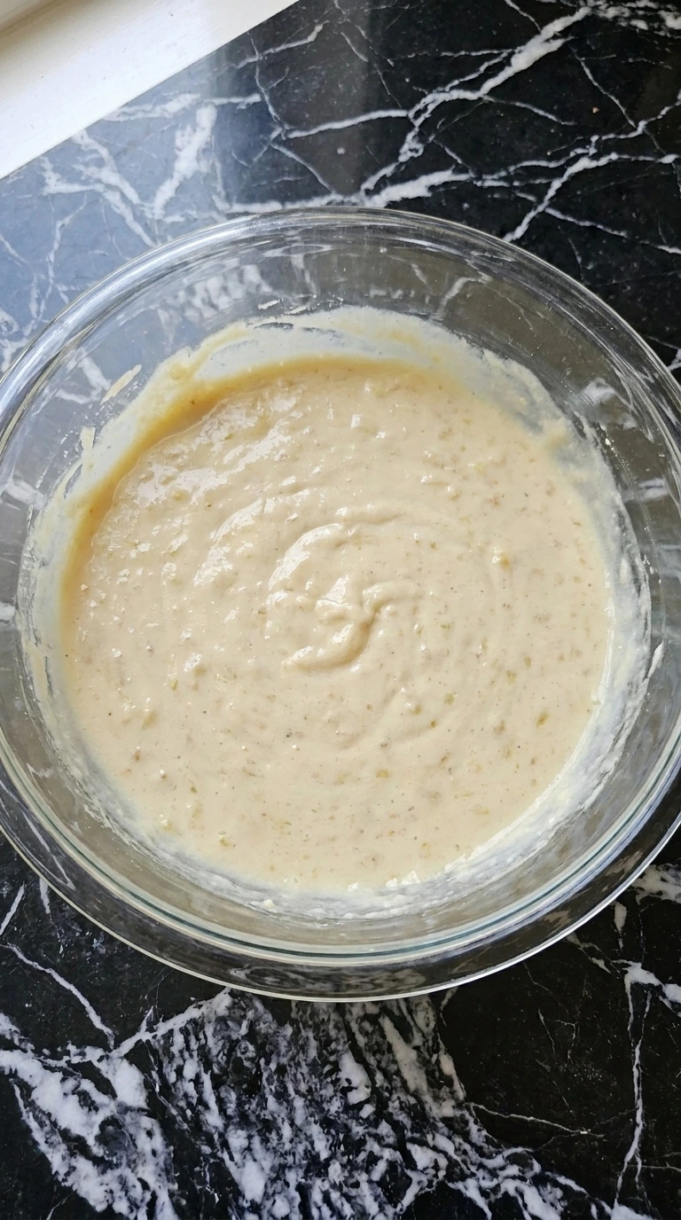 Mixing batter for Banana Cheesecake Bars with hand mixer Recipe focus: accents.