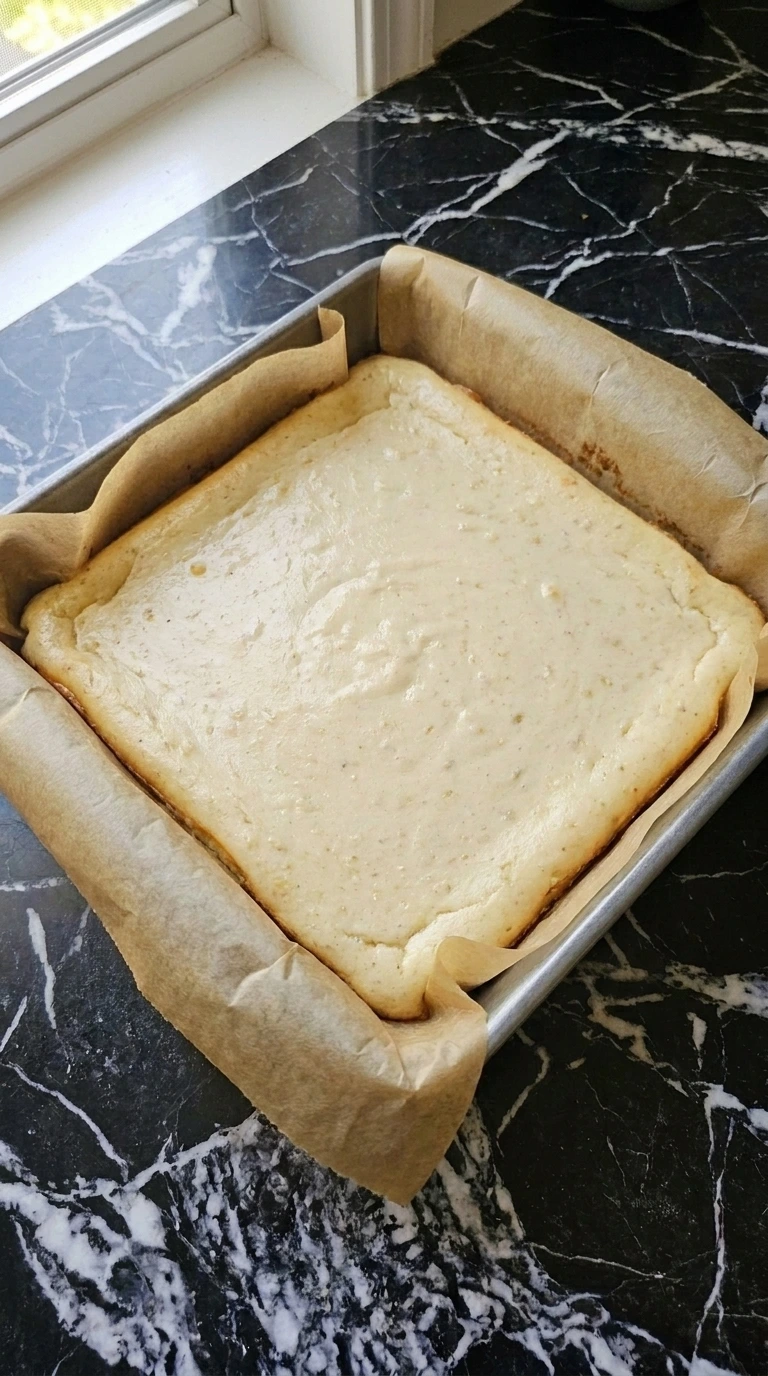 Baking Banana Cheesecake Bars in the pan until set Recipe focus: symboles.