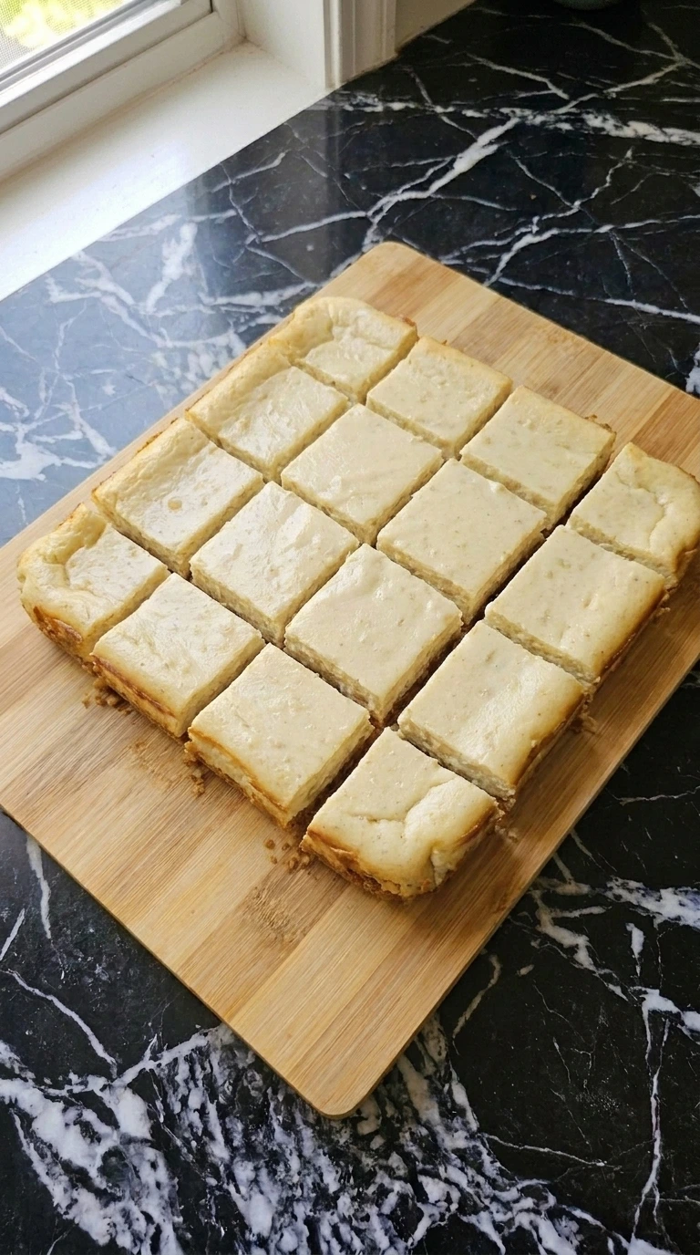 Sliced Banana Cheesecake Bars arranged on a board Recipe focus: accents.
