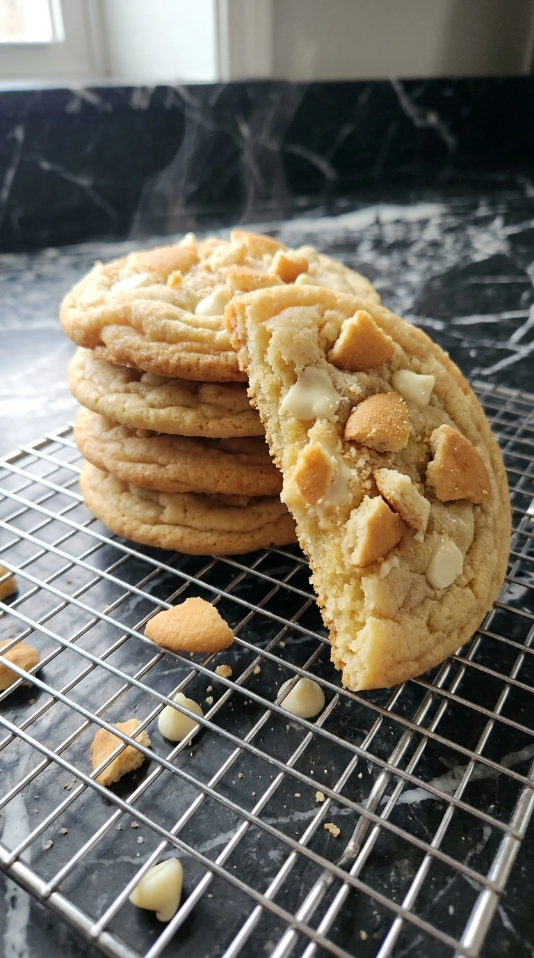 Banana Pudding Cookies topped with crushed vanilla wafers on a cooling rack