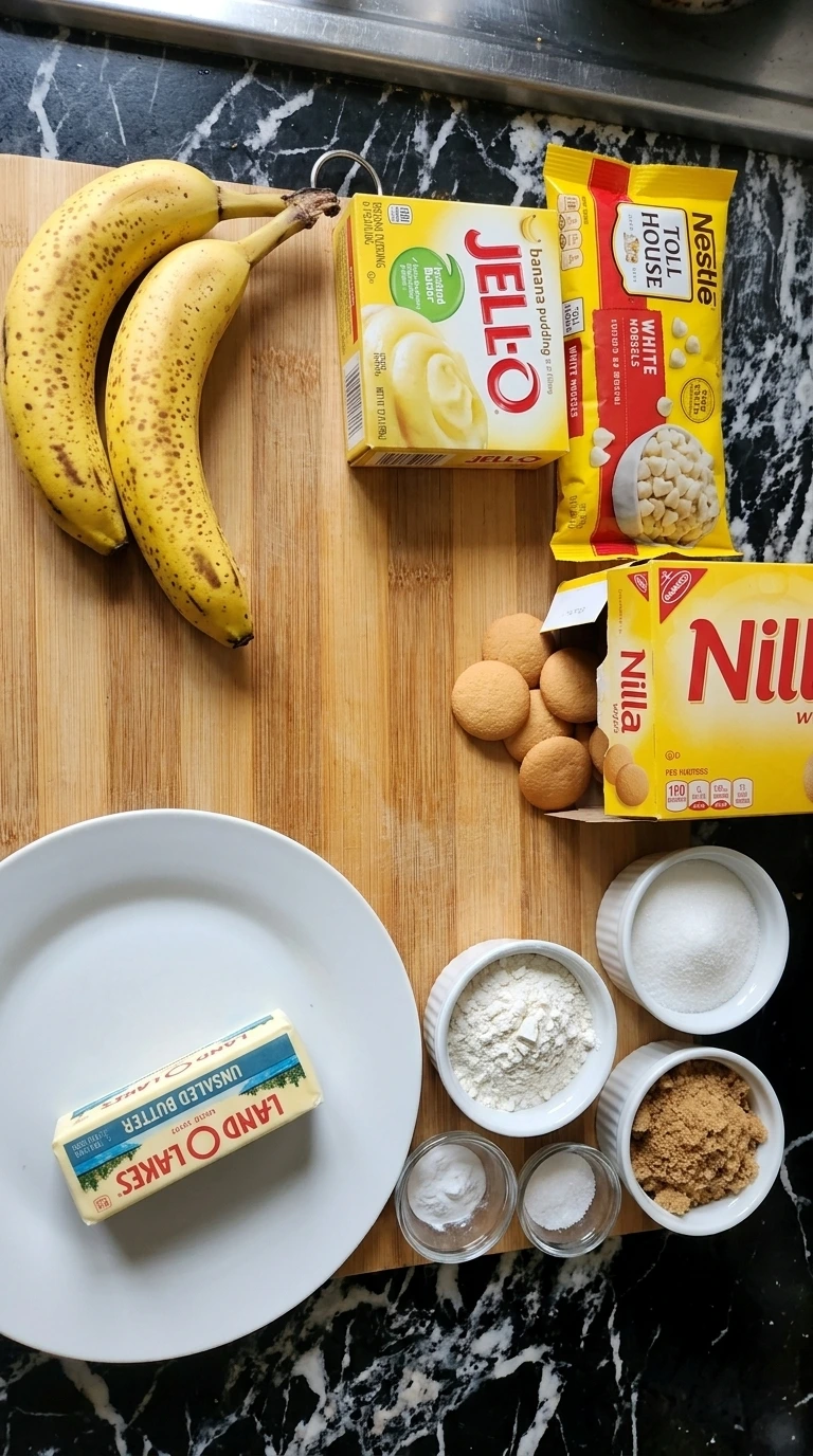 Ingredients for Banana Pudding Cookies including instant pudding, bananas, and vanilla wafers