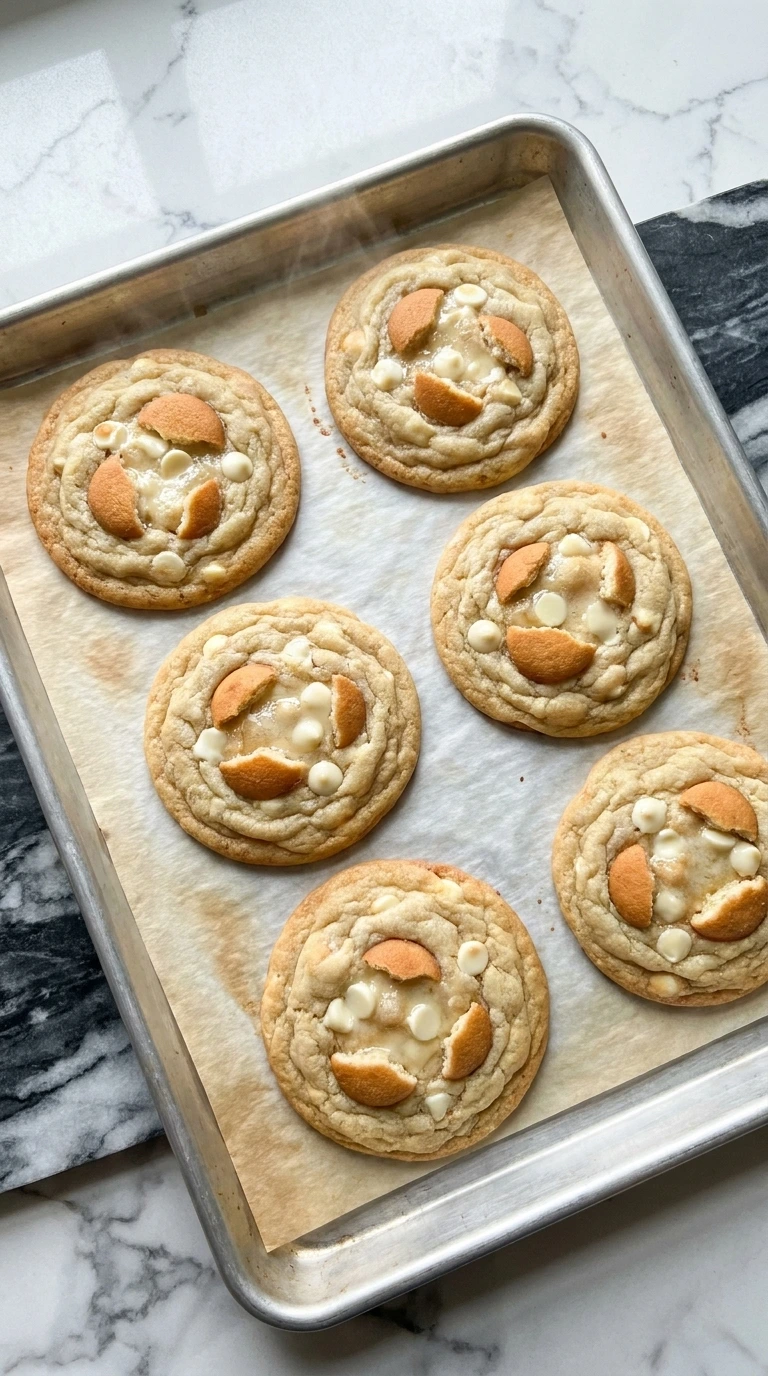 Freshly baked Banana Pudding Cookies on a parchment paper lined baking sheet