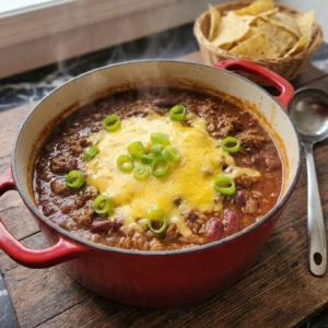 Boilermaker Tailgate Chili: The Hearty One-Pot Game Day Recipe served hot in a Dutch oven with shredded cheddar cheese Recipe focus: Sassy Sandwiches.