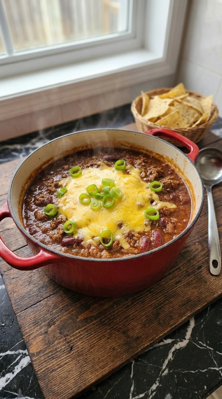 Boilermaker Tailgate Chili: The Hearty One-Pot Game Day Recipe served hot in a Dutch oven with shredded cheddar cheese Recipe focus: Sassy Sandwiches.