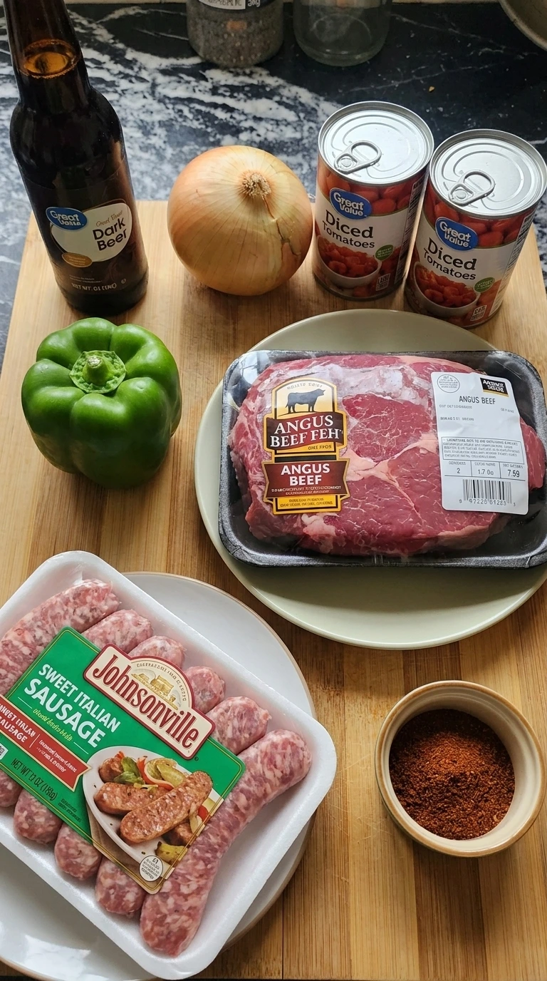 Ingredients for Boilermaker Tailgate Chili: The Hearty One-Pot Game Day Recipe spread on a table Recipe focus: Sassy Tailgate Sliders.