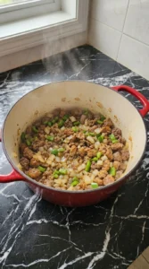 Sautéing onions and peppers for Boilermaker Tailgate Chili: The Hearty One-Pot Game Day Recipe Recipe focus: Tailgate Chili Recipe.