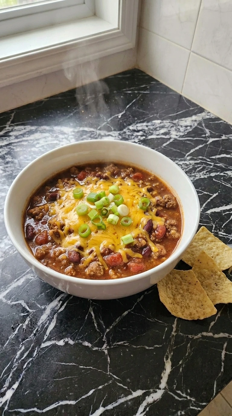 Plated bowl of Boilermaker Tailgate Chili: The Hearty One-Pot Game Day Recipe with melted cheddar cheese Recipe focus: Boilermaker Chili Crockpot.