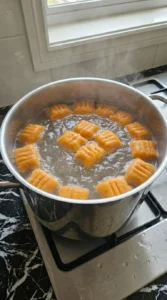 Twelve Sweet Potato Gnocchi pillows floating in boiling salted water.