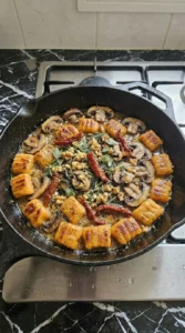 Sweet Potato Gnocchi browned in amber butter with mushrooms walnuts herbs and Parmesan.