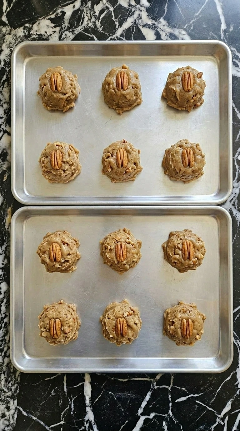 Butter Pecan Cookies portioned into twelve chilled dough mounds with pecan halves