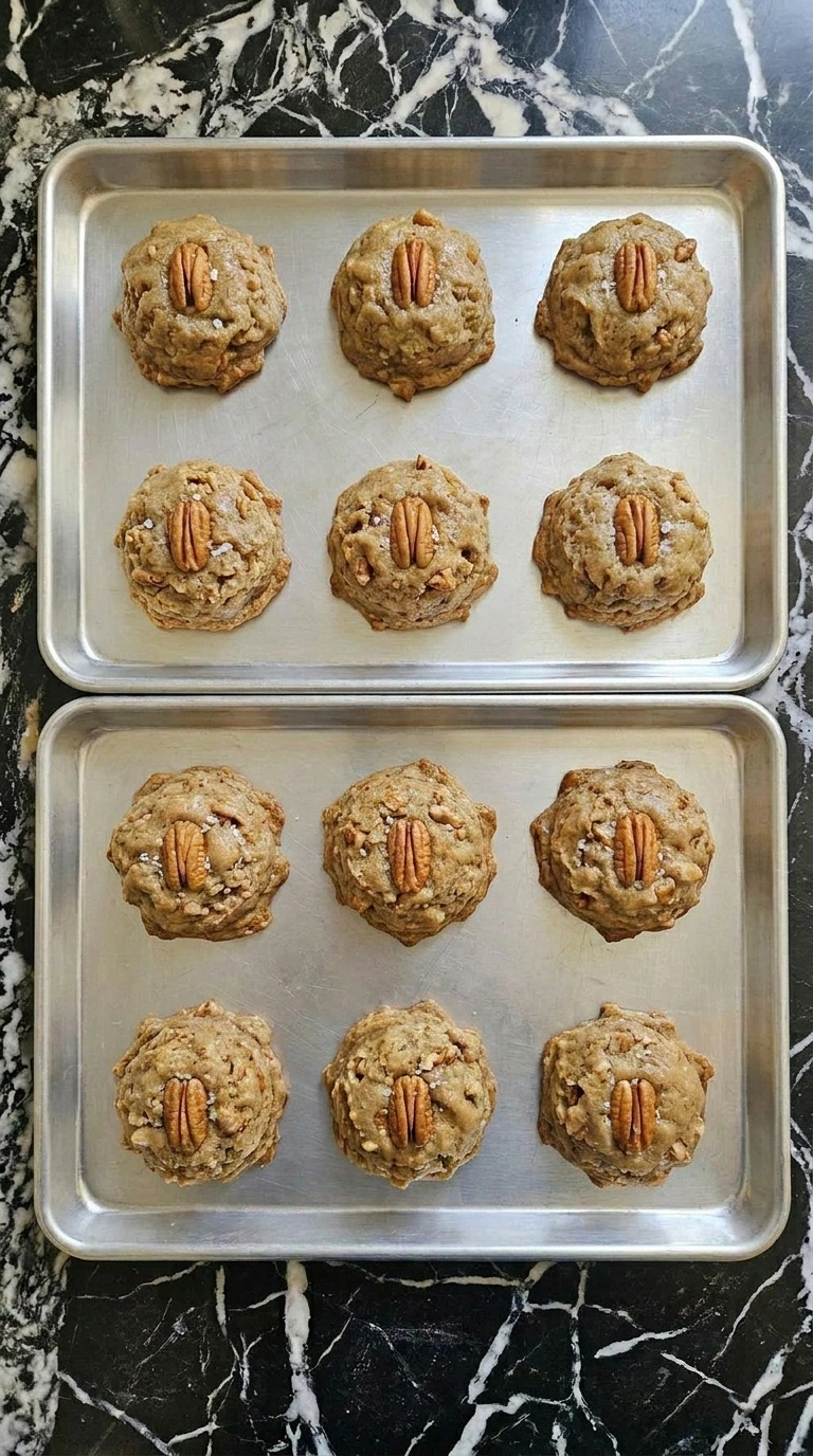 Butter Pecan Cookies baked with pale centers, amber edges and toasted pecan halves