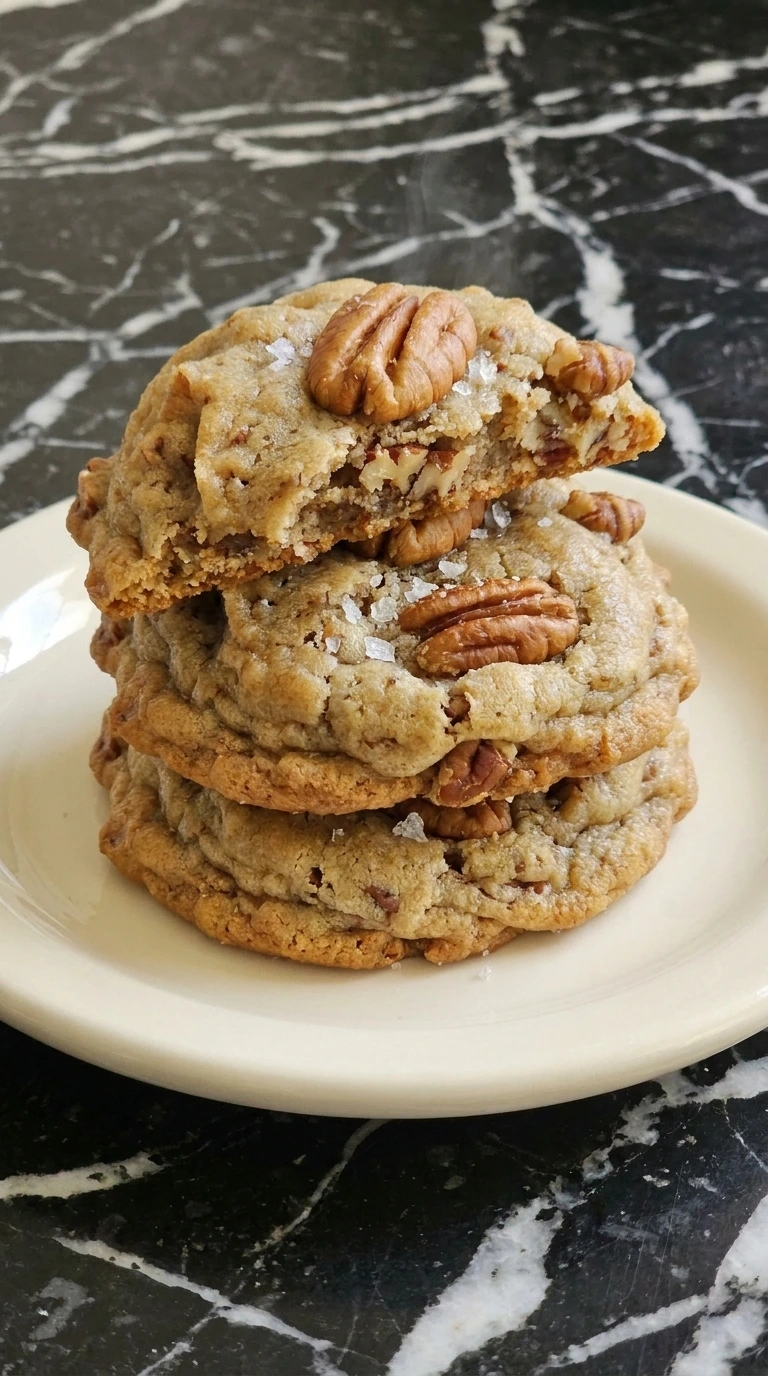 Butter Pecan Cookies stacked with toasted pecan halves and crisp amber edges