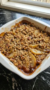 Golden baked Caramel Pear Crisp bubbling around the edges in a white ceramic dish.