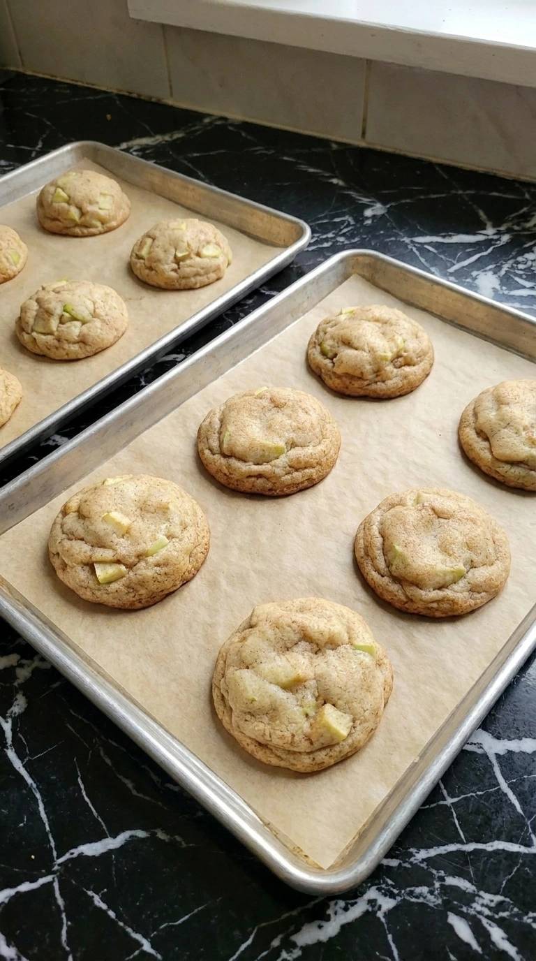 Freshly baked Caramel Stuffed Apple Cookies with deep golden edges