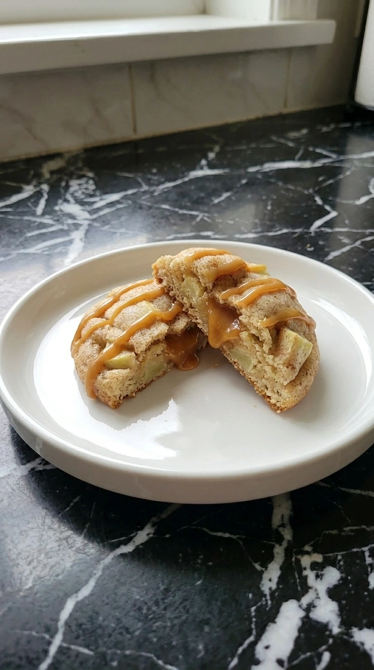 Cut Caramel Stuffed Apple Cookies showing a soft caramel center