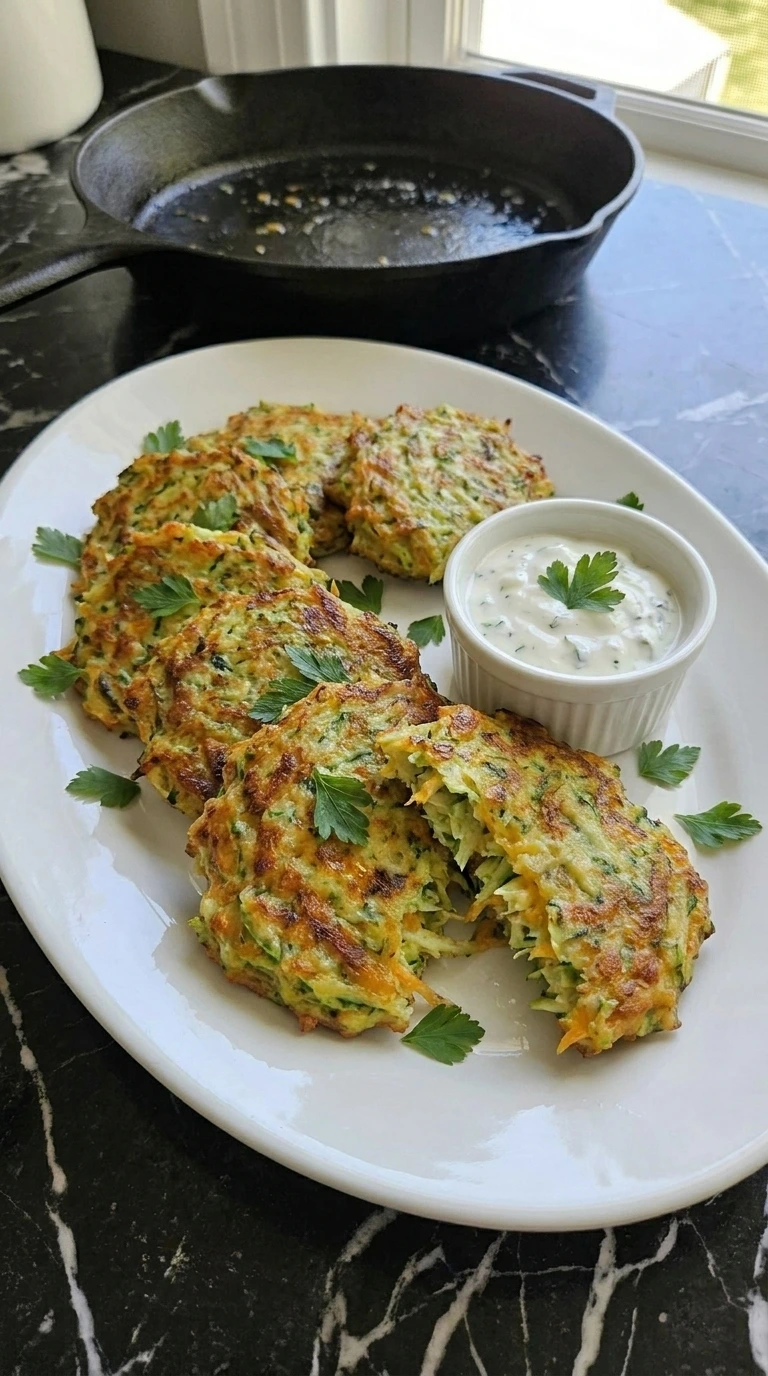 Cheesy Zucchini Fritters piled on a white platter with lemon garlic yogurt