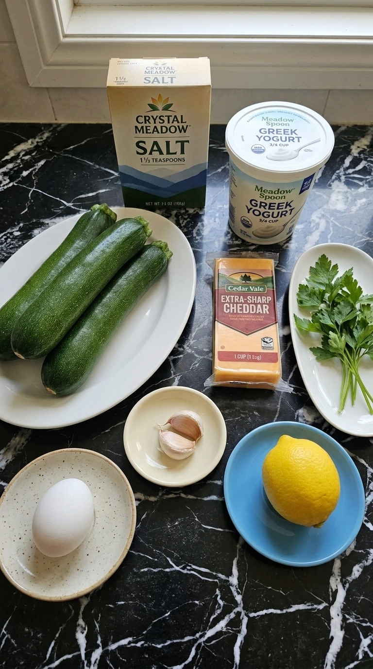 Cheesy Zucchini Fritters ingredients with whole zucchini, cheddar, yogurt and herbs