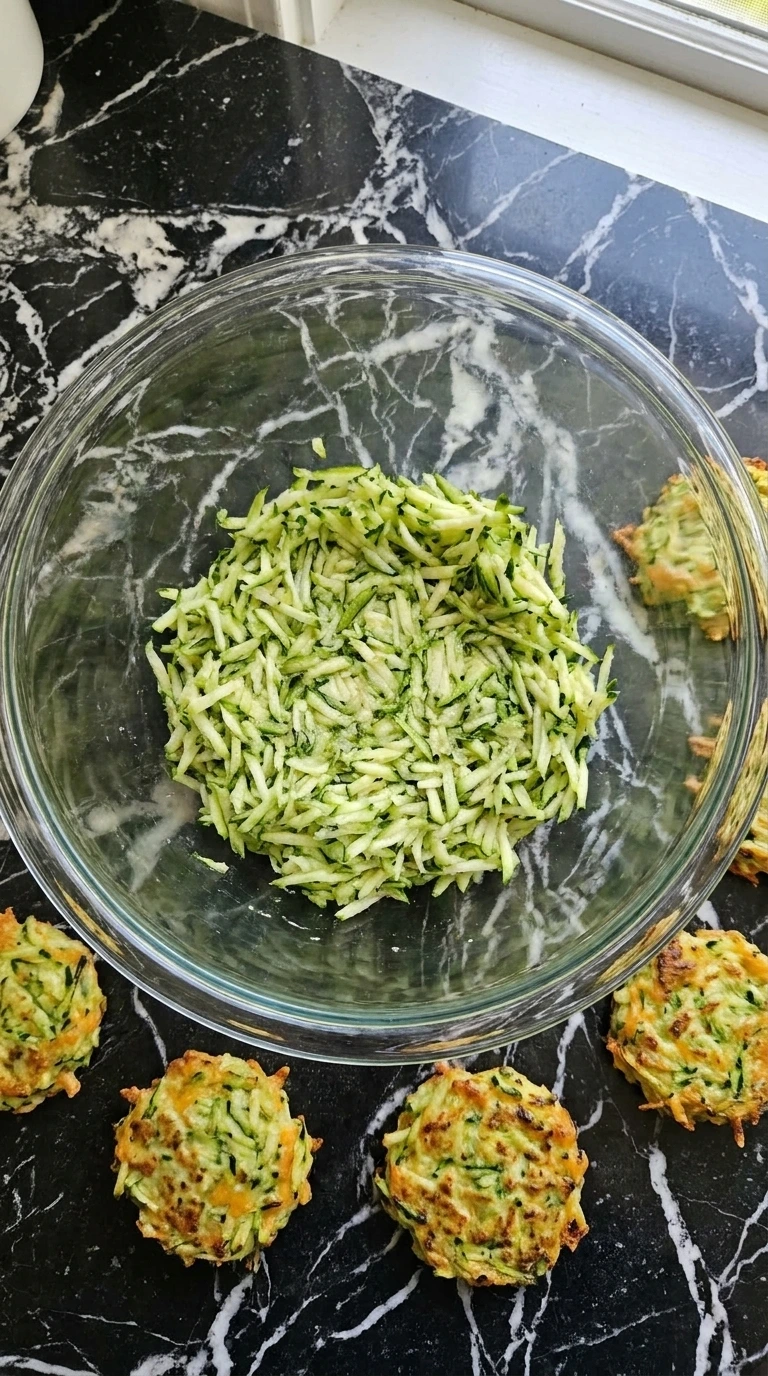 Cheesy Zucchini Fritters step 1 with salted zucchini squeezed dry