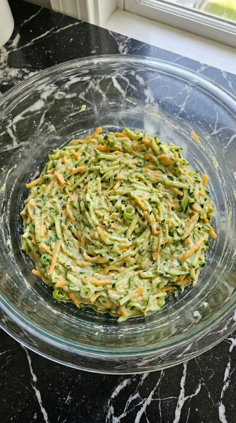 Cheesy Zucchini Fritters step 3 with cheddar zucchini batter in a glass bowl