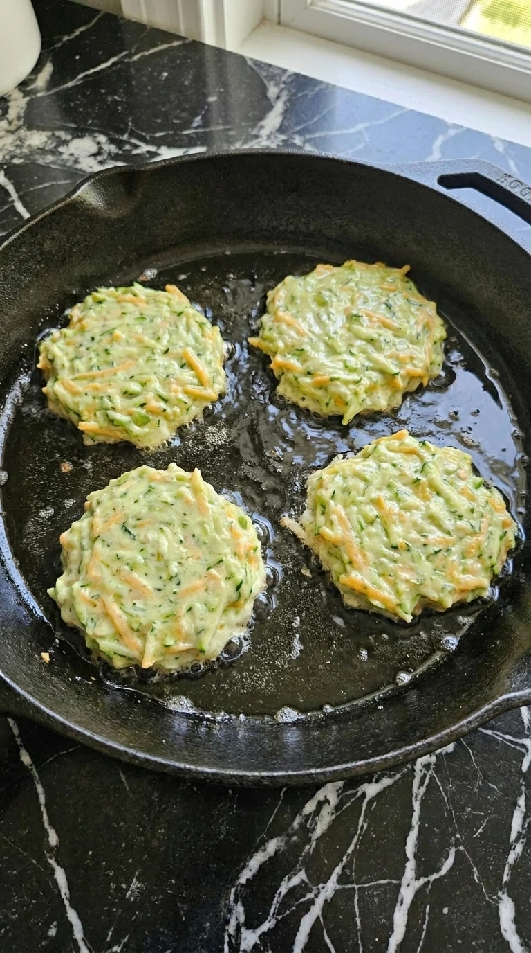 Cheesy Zucchini Fritters step 4 frying with pale-gold ragged rims
