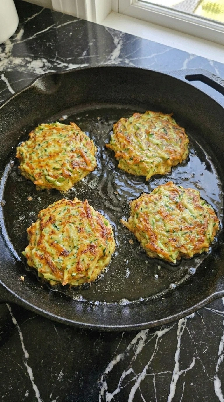 Cheesy Zucchini Fritters step 5 flipped to show deep golden crusts