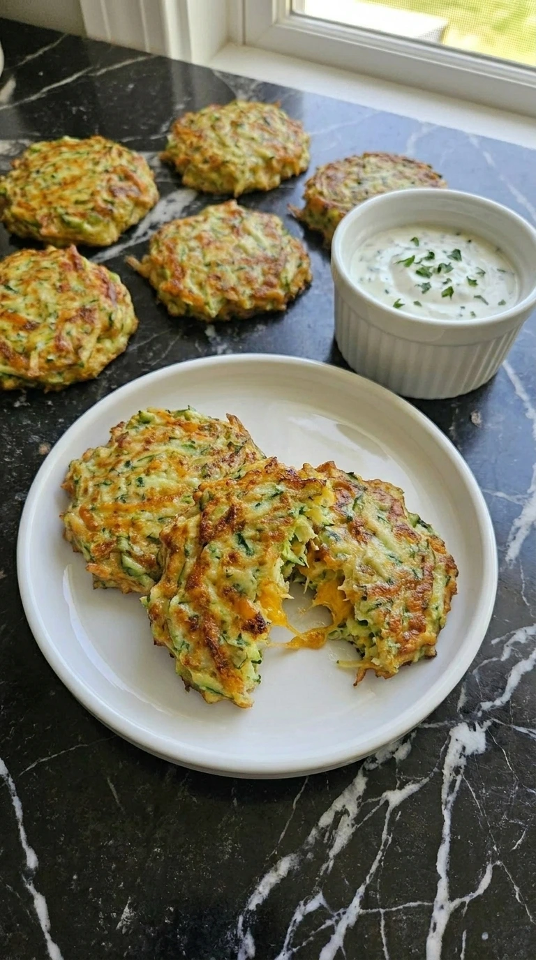 Cheesy Zucchini Fritters step 6 plated with lemon garlic yogurt