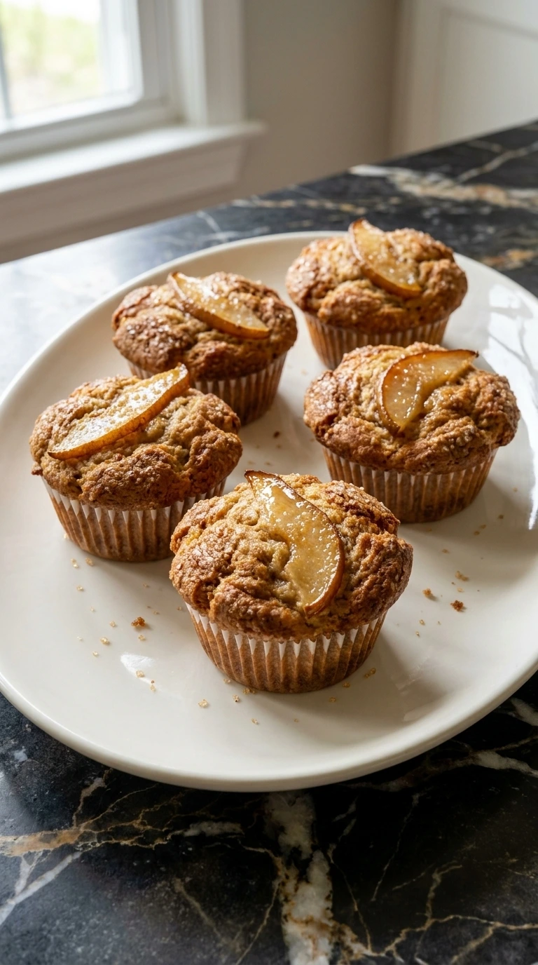 Golden Cinnamon Pear Muffins topped with Bartlett pear wedges and coarse sugar