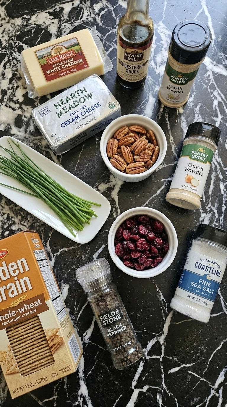 Cranberry Pecan Cheese Ball ingredients including cream cheese, white cheddar, pecans, cranberries and chives