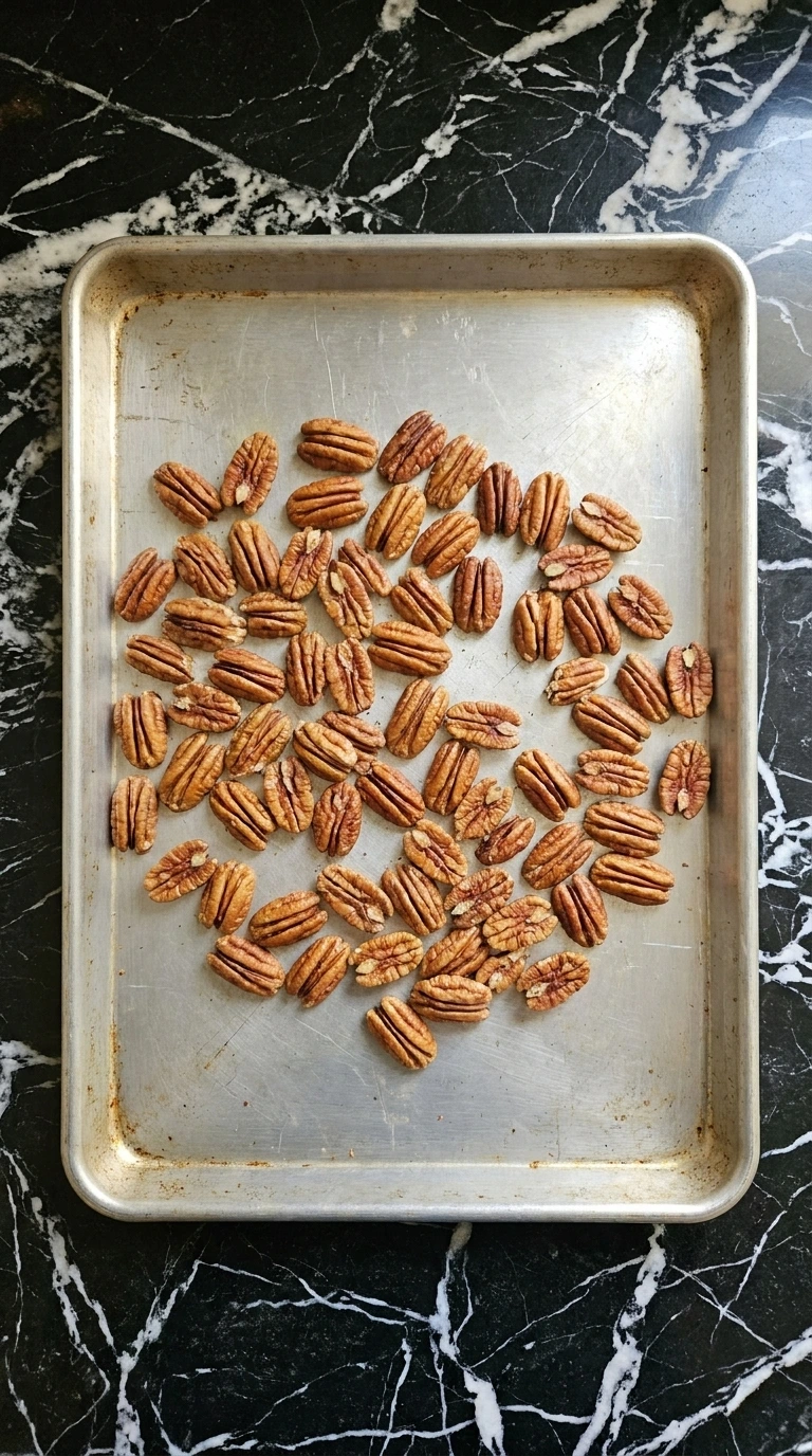 Toasting pecan halves for Cranberry Pecan Cheese Ball until the ridges turn deep amber