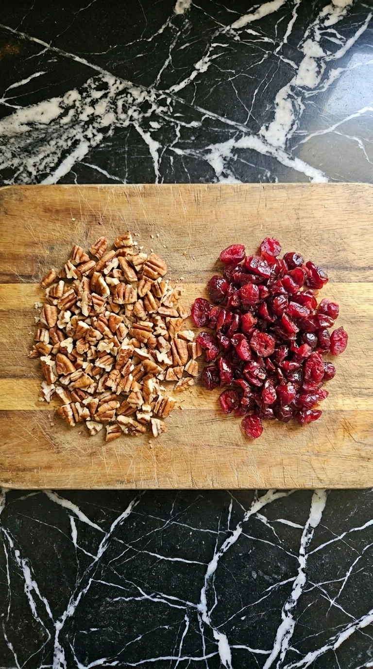 Chopped toasted pecans and dried cranberries for Cranberry Pecan Cheese Ball