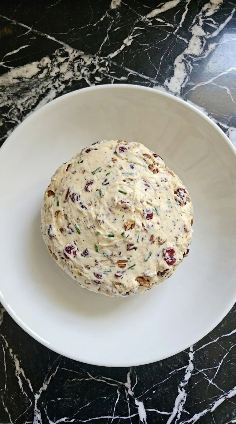 Shaped Cranberry Pecan Cheese Ball chilling as a 6-inch uneven round