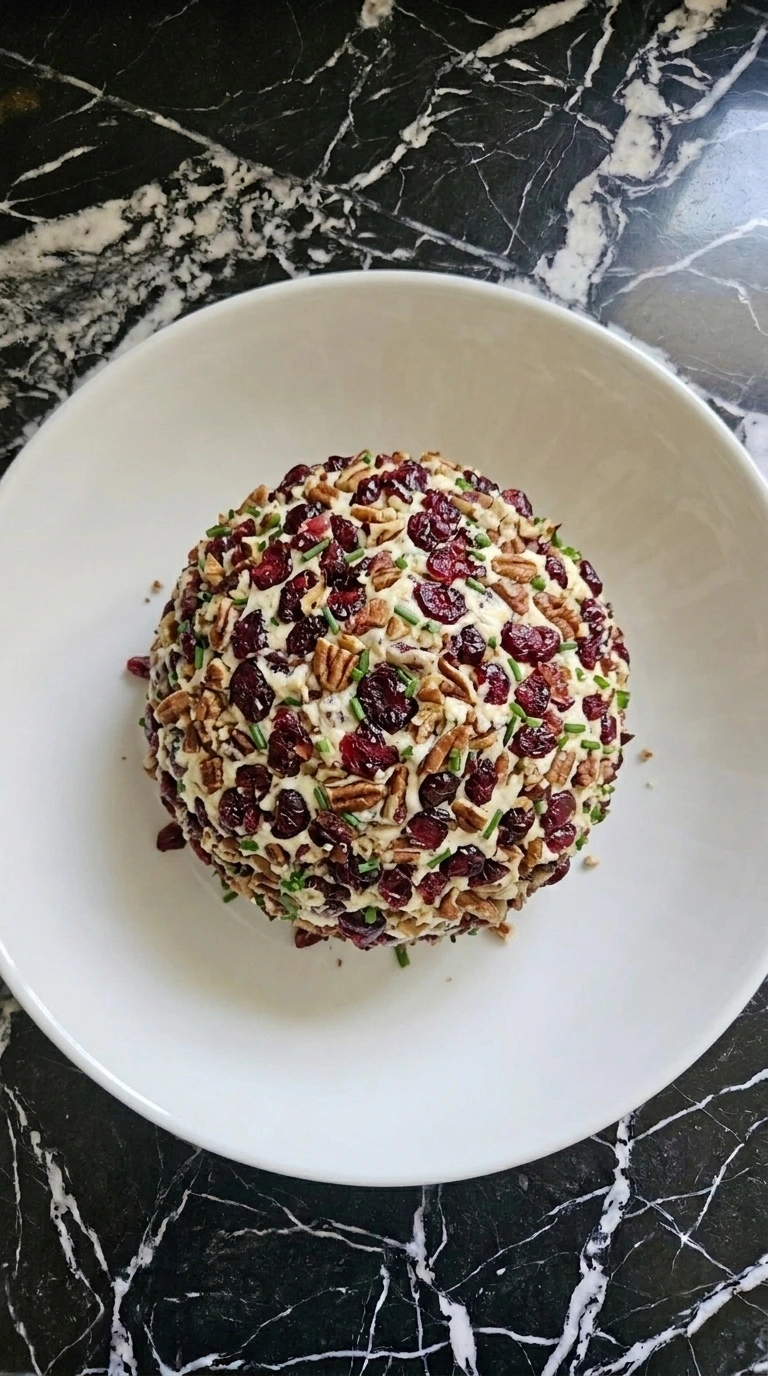 Coating Cranberry Pecan Cheese Ball with chopped toasted pecans, dried cranberries and chives