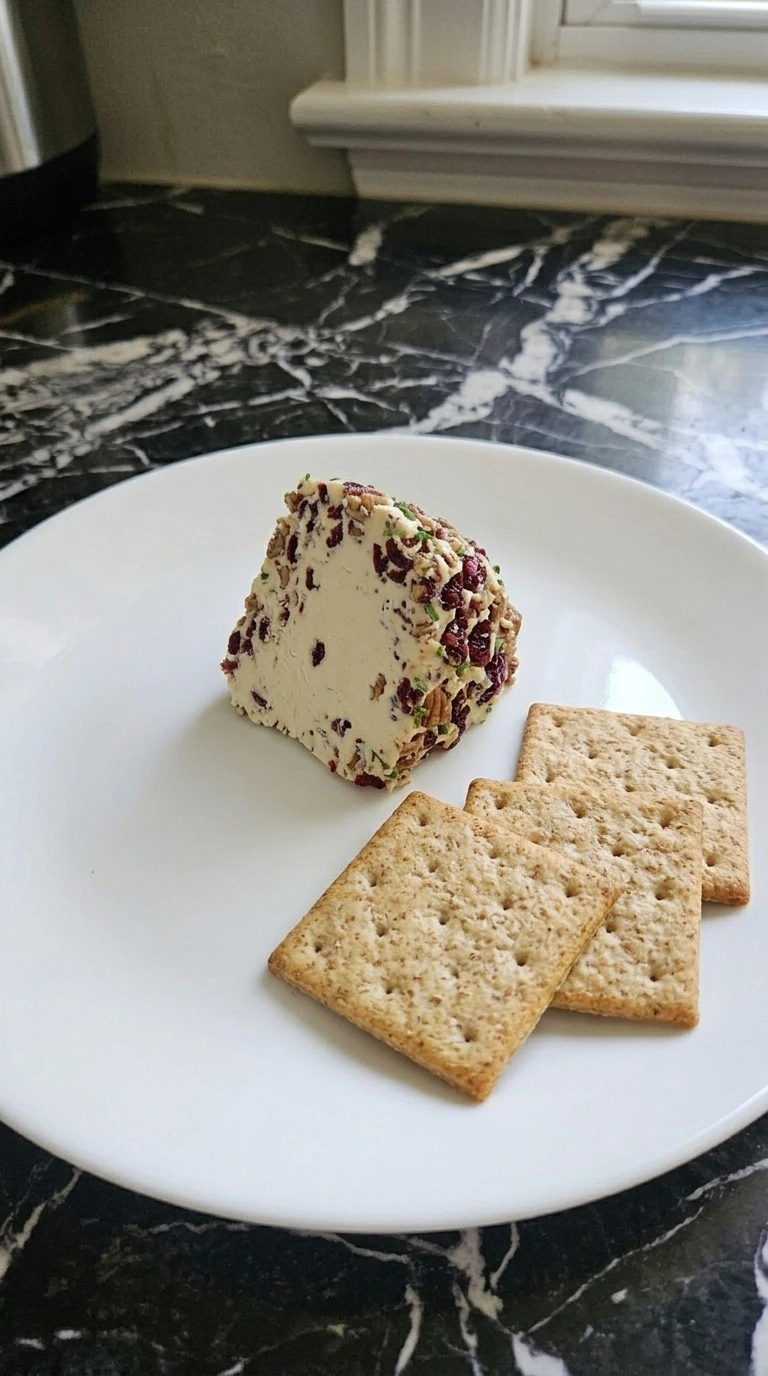 Served wedge of Cranberry Pecan Cheese Ball showing its creamy cranberry and pecan interior