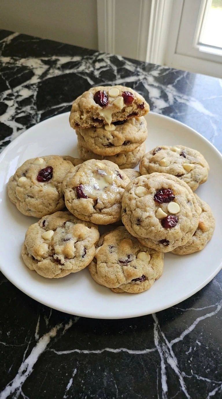 Cranberry White Chocolate Cookies stacked on a white plate with visible cranberries and white chocolate chips