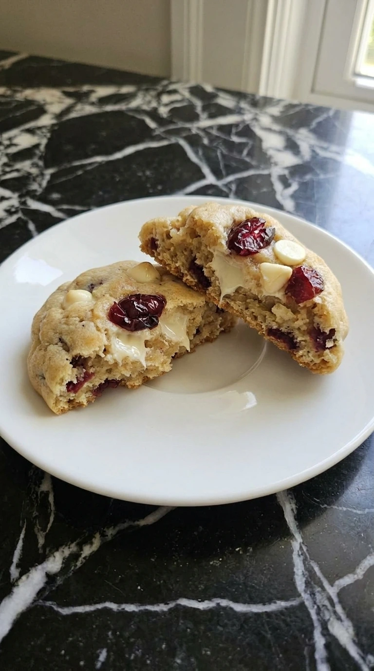 Cranberry White Chocolate Cookies — Broken Cranberry White Chocolate Cookie showing a soft center with cranberries and white chocolate