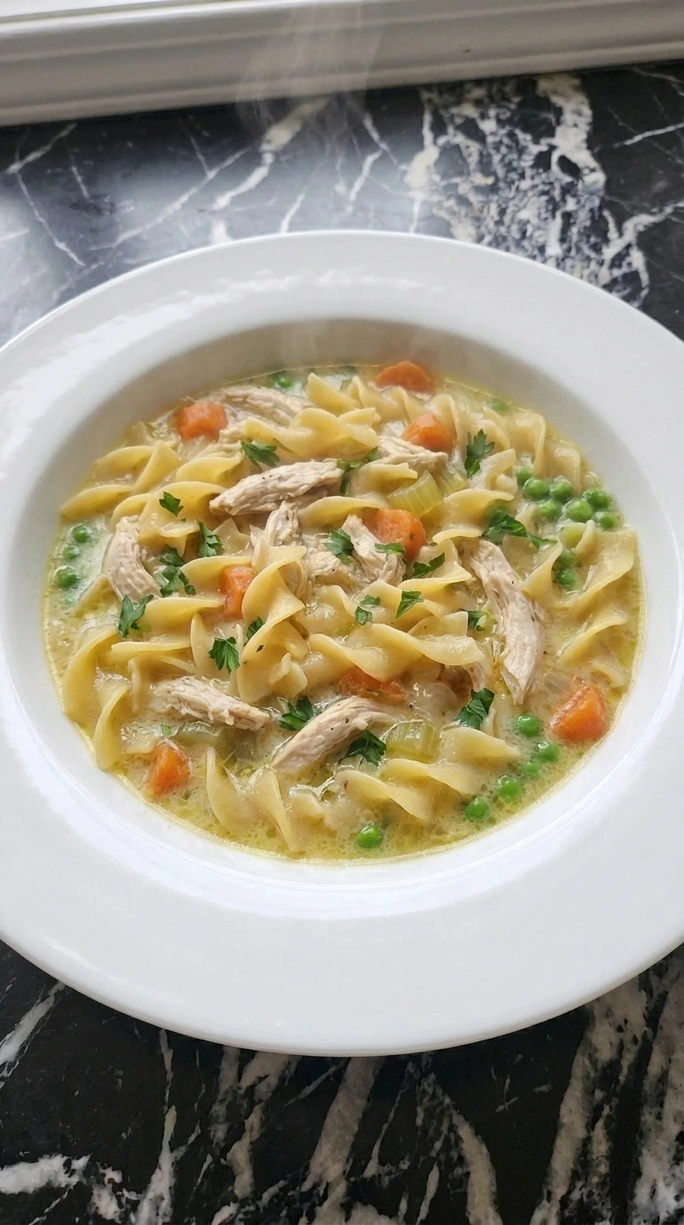 Cream of Chicken Soup Recipes Crockpot Families Can Make on Busy Nights served as pale golden creamy chicken noodle soup with carrots and parsley.