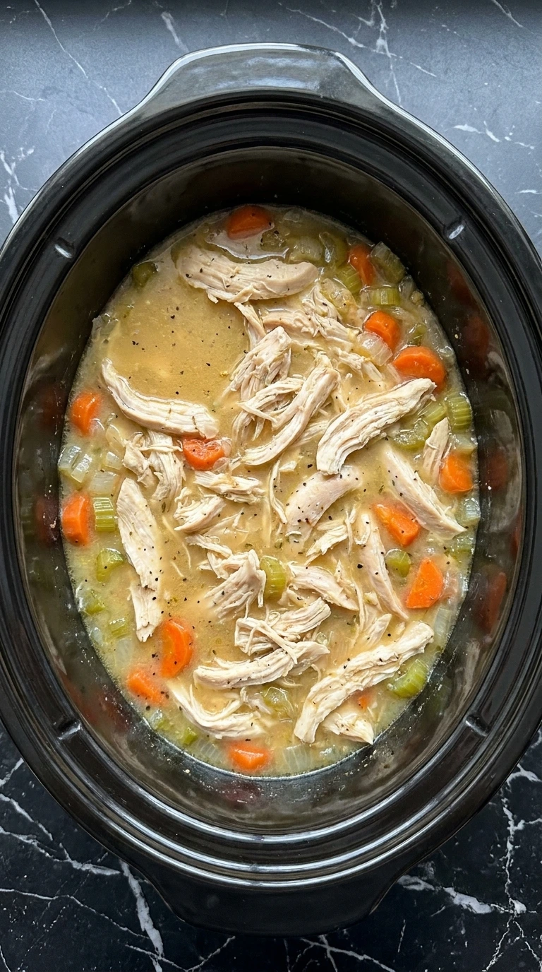 Shredded chicken thickening in the broth for Cream of Chicken Soup Recipes Crockpot Families Can Make on Busy Nights.