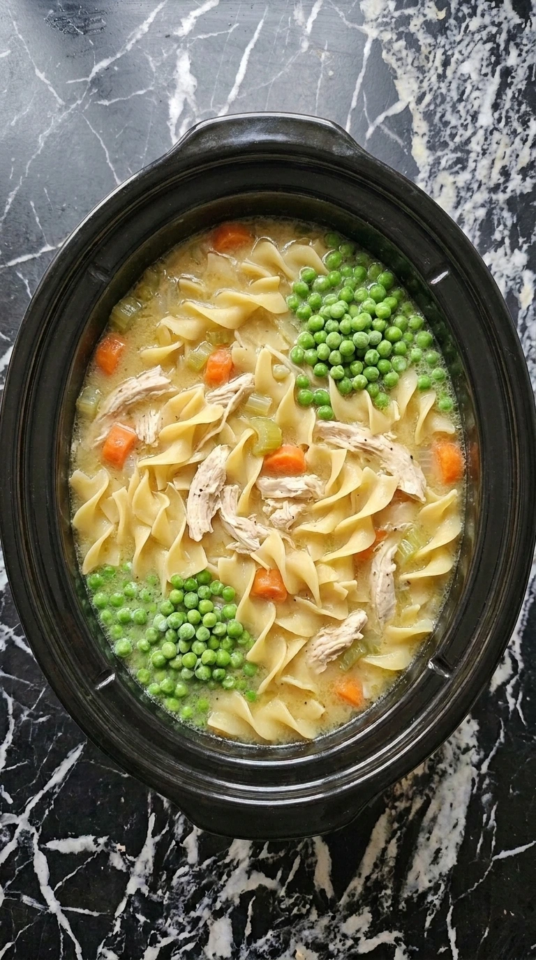 Wide egg noodles and peas cooking in Cream of Chicken Soup Recipes Crockpot Families Can Make on Busy Nights.