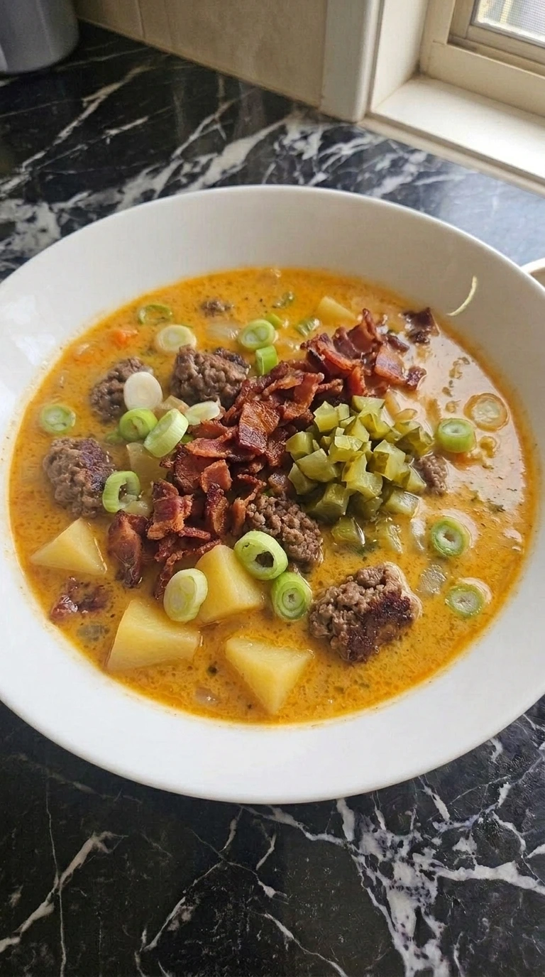 Creamy Cheeseburger Potato Soup Recipe in a white bowl with beef, Yukon Gold potatoes, bacon and scallions