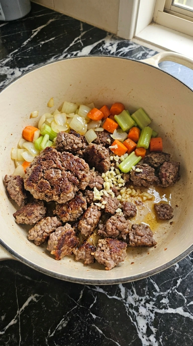 Creamy Cheeseburger Potato Soup Recipe step with deep-brown beef crumbles and softened vegetables in a pot