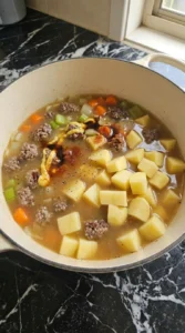 Creamy Cheeseburger Potato Soup Recipe step with Yukon Gold potato cubes entering seasoned beef broth