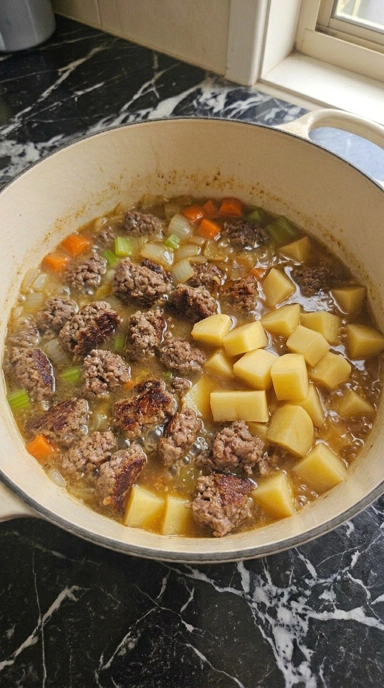 Creamy Cheeseburger Potato Soup Recipe step with tender Yukon Gold cubes in gently simmering beef broth