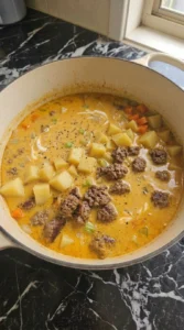 Creamy Cheeseburger Potato Soup Recipe step with sharp cheddar melted into an orange-gold potato soup