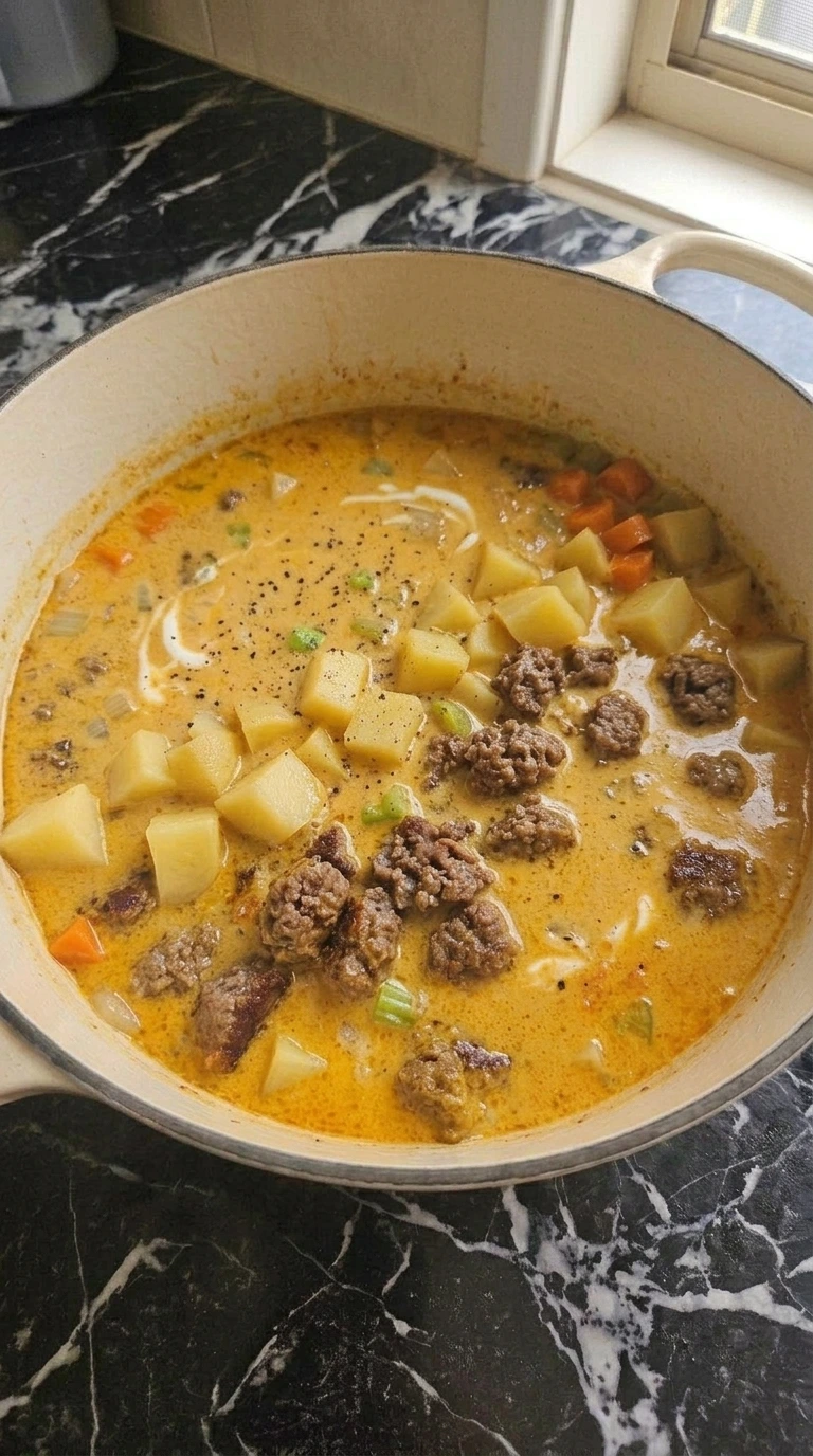 Creamy Cheeseburger Potato Soup Recipe step with sharp cheddar melted into an orange-gold potato soup