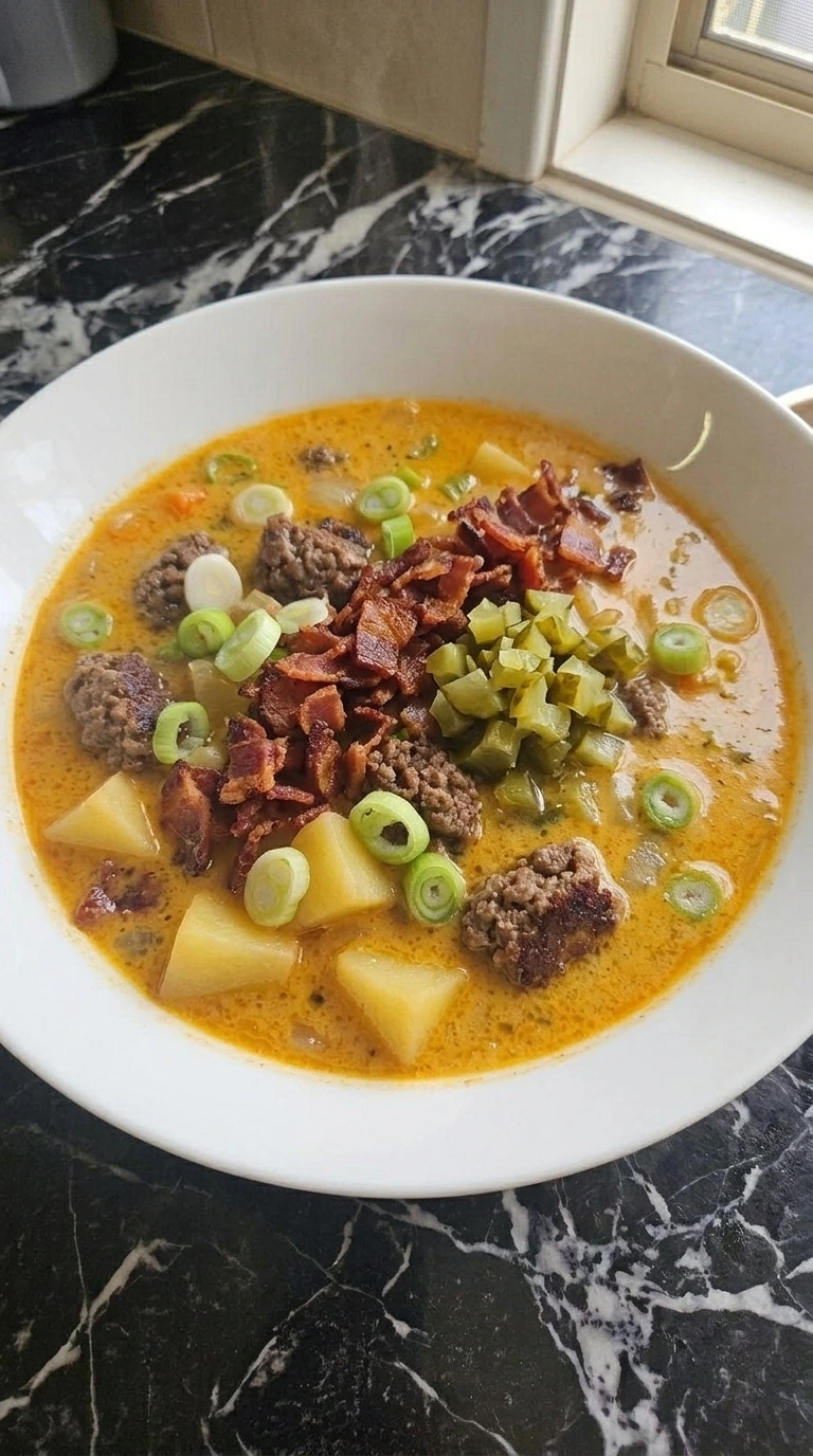 Creamy Cheeseburger Potato Soup Recipe served in a white bowl with bacon, pickles and scallions
