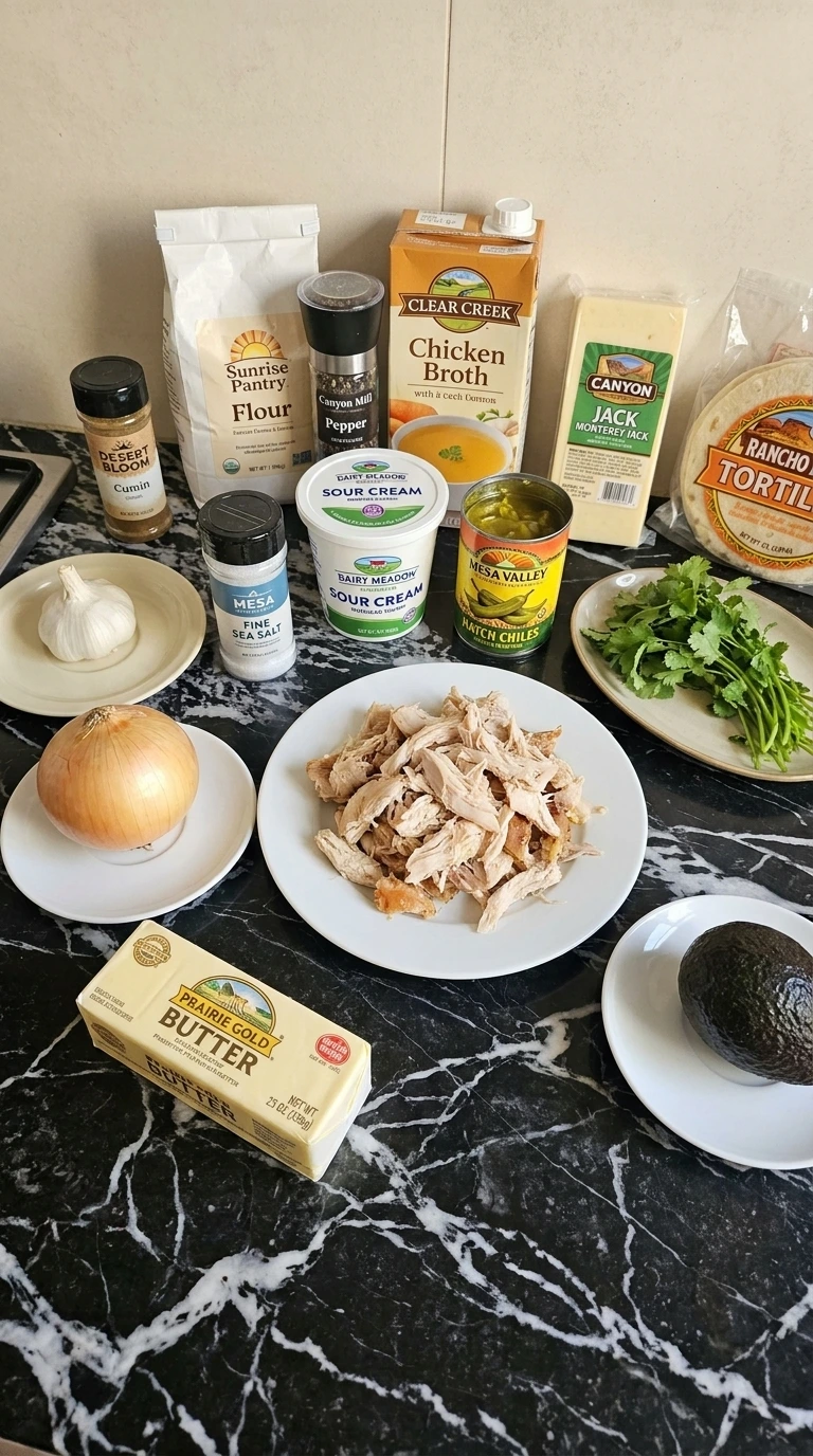 Ingredients for Creamy Hatch Green Chile Chicken Enchiladas arranged in separate plates and packages