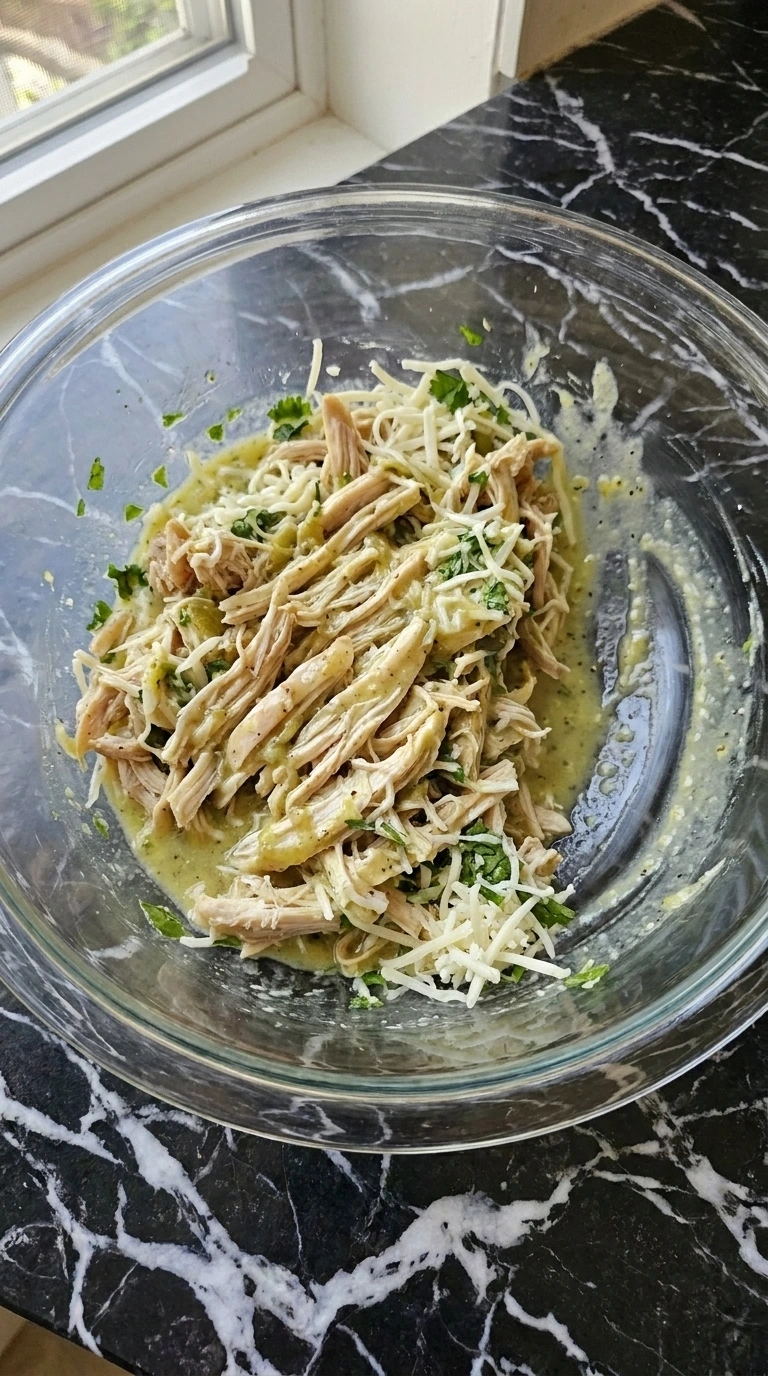 Folding the shredded chicken filling for Creamy Hatch Green Chile Chicken Enchiladas